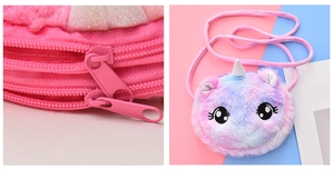 Close-up of pink dual-zipper closure on a colorful unicorn plush crossbody bag for kids