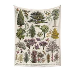 Retro botanical tapestry featuring vintage ornamental garden trees and flowers on beige canvas