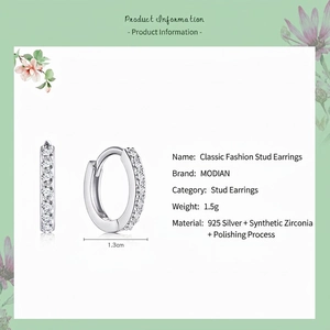 Classic 925 sterling silver hoop earrings with cubic zirconia, 1.3cm outer diameter