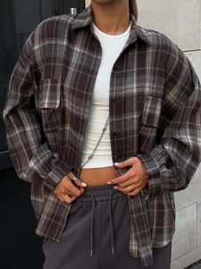 Women Plaid Shirt Jacket Long Sleeve Button Up Cotton Polyester Oversized Retro Casual Streetwear Blouse With Pockets