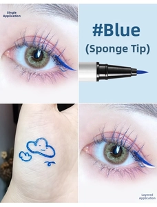 Detailed swatches of blue liquid eyeliner showing sponge tip and layered color intensity