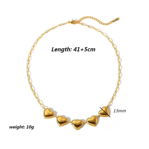 Golden stainless steel heart necklace detail showing 41+5cm length and five charms