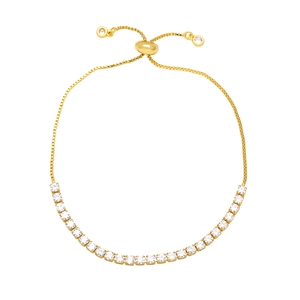 Adjustable gold plated tennis bracelet featuring clear sparkling cubic zirconia stones