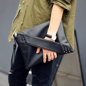 Biker Style Studded Rivet Clutch Bag PU Leather Envelope Handbag With Wrist Strap Solid Color Zipper Pouch For Men Women