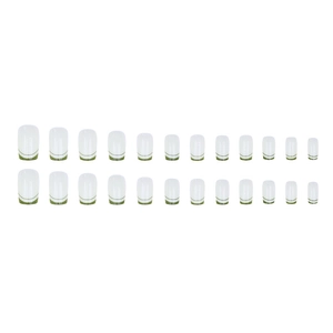 Press-on nails with dark green French tips and fine green lines on a milky white base