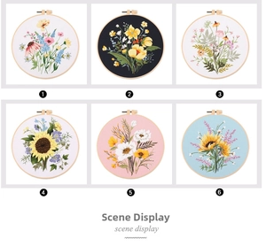Detail showing six floral embroidery DIY kits featuring sunflower and daisy patterns