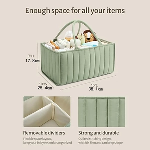 Detail view of the green diaper caddy showing 38.1x25.4x17.8cm dimensions and dividers
