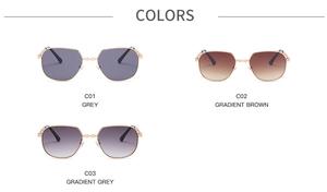 Detailed comparison of metal square sunglasses with C01 Grey, C02 Brown, and C03 Grey lenses