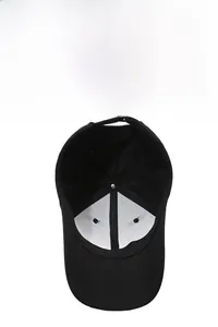 Detail of black baseball cap showing breathable mesh interior and adjustable metal buckle