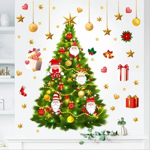 Christmas tree wall stickers featuring Santa Claus and gift boxes for window holiday decor
