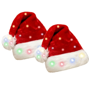 Set of red and white plush Christmas hats with colorful glowing LED light decorations