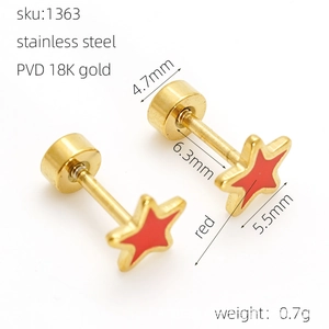 Detailed view of red star stud earrings in stainless steel with exact measurements