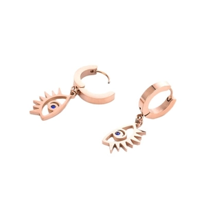 Rose gold evil eye hoop earrings with blue zircon center stone on a white background