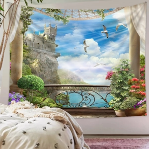 Detailed Mediterranean balcony sea view wall tapestry with blue sky and flying birds