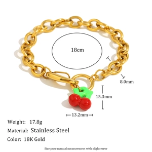 18K gold plated stainless steel chain bracelet with colorful cherry pendants for women
