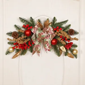 Christmas Lintel Swag PE Pine Needles Pine Cones Red Berries LED Lights Door Wall Hanging Decor Festive Ornament