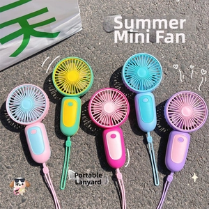 Macro shot of five portable USB handheld fans in macaron colors with lanyards