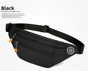 Detail of black oxford waist bag with double zippers and orange pull cords