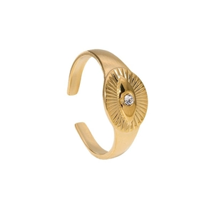 Vintage stainless steel open ring with a gold evil eye design and a central diamond accent