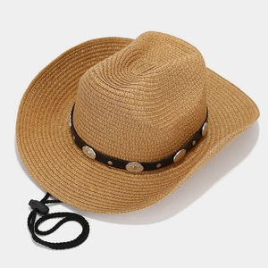 Wide brim straw cowboy sun hat with black leather band and adjustable chin strap