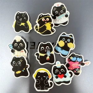 Set of 10 cute black acrylic cat brooches featuring various professions and character designs