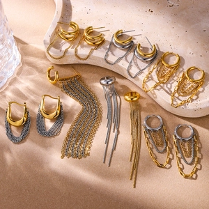 Chic 18K gold and silver plated stainless steel tassel earrings and ear cuffs set