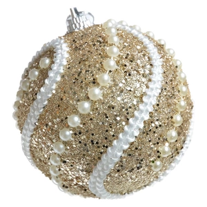 Champagne gold glitter Christmas ball with white faux pearls and delicate woven lace trim