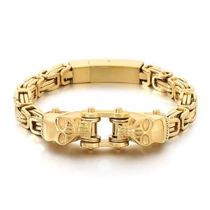 Bracelet byzantin pour homme en acier inoxydable doré avec fermoir tête de mort