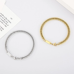 Men's titanium steel Cuban link chain necklace with square plaque in gold and silver