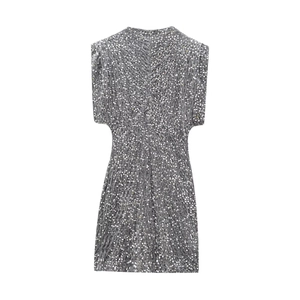 Elegant sleeveless grey sequin mini dress featuring a slim fit and sparkling texture