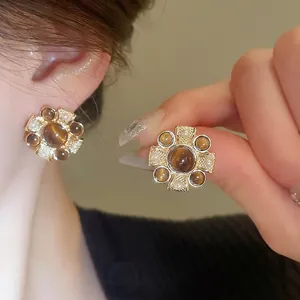 Vintage Flower Stud Earrings For Women With Brown Resin Cats Eye Imitation Artificial Pearl And 925 Sterling Silver Earring Post