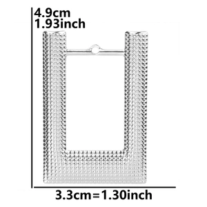 Detailed size view of silver square textured earring measuring 4.9cm by 3.3cm on white backdrop