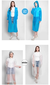 Detailed view of translucent EVA raincoats in light blue and white with hoods
