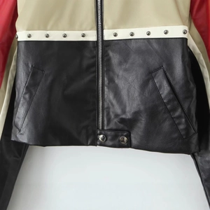 Women's multi-color PU biker jacket featuring metallic zippers and studded details