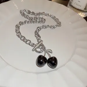 Silver thick link chain necklace with black cherry pendants and retro OT toggle clasp
