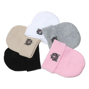 Winter knitted beanie hats with tiger head embroidery in five assorted neutral colors