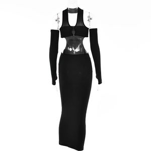 Detailed view of the 3-piece black halter crop top, sleeves and high waist maxi skirt set