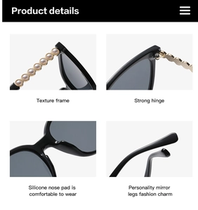 Detail view of square sunglasses featuring decorative pearl chains and metallic hinges