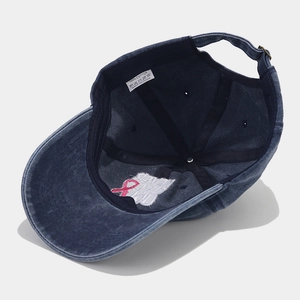 Blue denim baseball cap with pink ribbon embroidery and adjustable metal buckle back