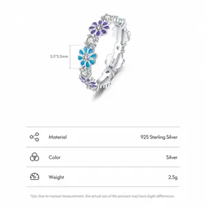 S925 Sterling Silber Blumenring mit lila blauem Emaille und Zirkonia Steinen