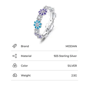 S925 sterling silver flower ring with purple blue enamel and zircon stones