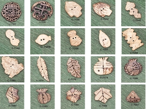 Detailed catalog of natural coconut shell buttons with various shapes and etched patterns