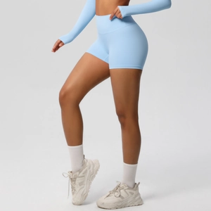 Light blue high waist yoga shorts and long sleeve crop top fitness set with thumb holes