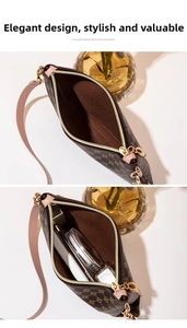 Internal view of brown monogram leather bag showing capacity for cosmetics and lipsticks