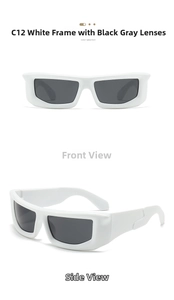 Front and side macro views of chunky white square sunglasses with dark grey lenses