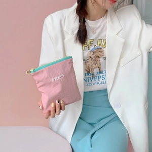 Portable Cosmetic Bag Polyester Nylon Zipper Storage Pouch Travel Daily Macaron Color Cute Aesthetic Women