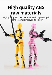 Detail of T13 action figures in yellow and pink showing dual weapons and joint mobility