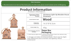 Detailed spec chart for Christmas glowing wooden house with dimensions and LED features