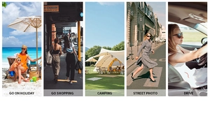 Polarized square sunglasses shown in vacation, shopping, camping, and driving scenarios