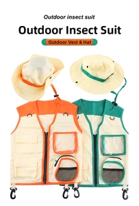 Detail of outdoor adventure vest and hat set with functional pockets and windproof strap